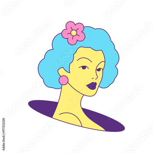 Y2k seductive retro summer woman portrait in hole contemporary pop art icon vector flat illustration. Fashion beautiful female with flower in hair psychedelic groovy funky t shirt print sticker
