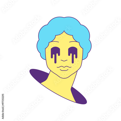 Y2k surreal Greek woman crying sculpture bust in hole icon vector flat illustration. Psychedelic female antique goddess monument with tears drops summer groovy contemporary pop art comic t shirt print