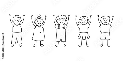 Happy children character with their hands up stand in row, doodle hand drawn line set. Group small people, kindergarten, preschool. Vector linear illustration