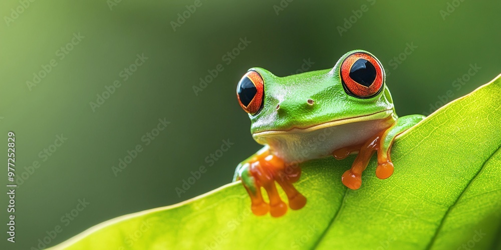 Obraz premium Curious green tree frog peeking out from behind a leaf, wide-eyed and alert, with space for text. Perfect for nature-themed banners. 