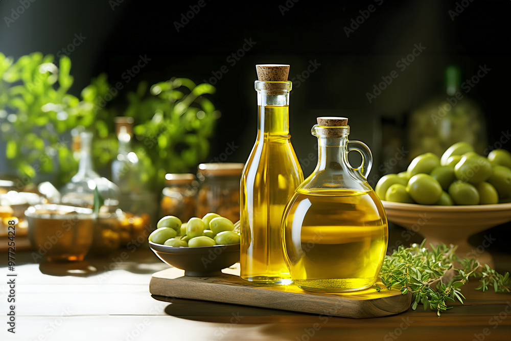 Olive oil bottle on a rustic kitchen. Olive oil bottle on a rustic kitchen.