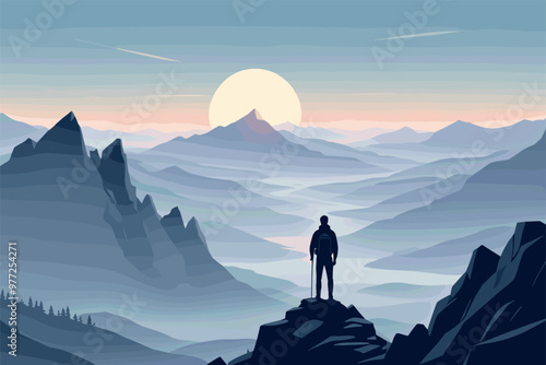 Hiker Admiring Scenic Sunrise from Mountain Peak