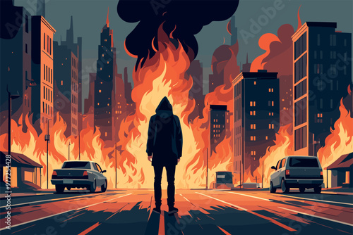 Mysterious Figure in a Burning Cityscape at Night