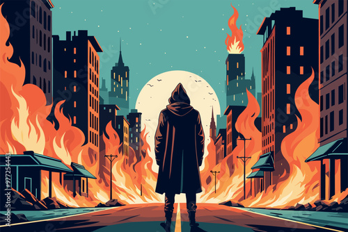 Mysterious Figure in a Burning Cityscape at Night