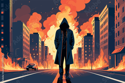 Mysterious Figure in a Burning Cityscape at Night