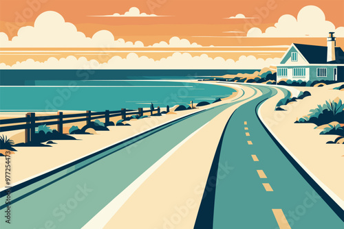Scenic Coastal Road Along a Serene Beachfront