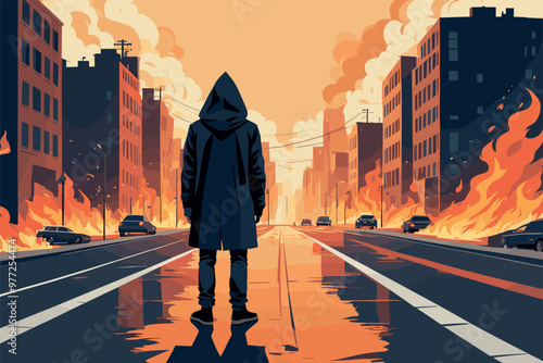 Mysterious Figure in a Burning Cityscape at Night