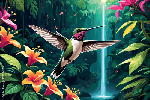 Colorful Hummingbird Flying Among Vibrant Jungle Flowers