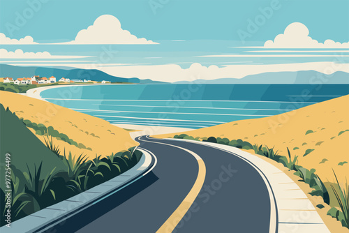 Scenic Coastal Road Along a Serene Beachfront