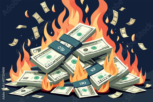 Burning Pile of Money with Flames and Flying Banknotes