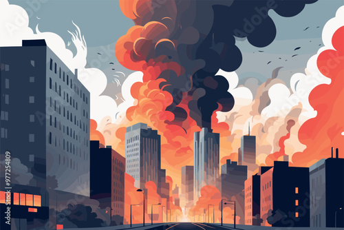 Dramatic City Skyline Engulfed in Flames and Smoke