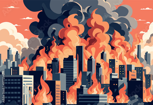 Dramatic City Skyline Engulfed in Flames and Smoke