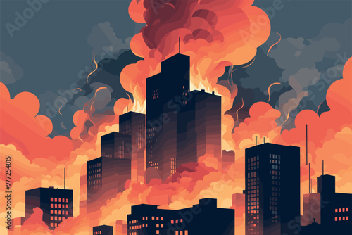 Dramatic City Skyline Engulfed in Flames and Smoke