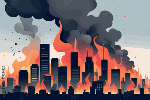 Dramatic City Skyline Engulfed in Flames and Smoke