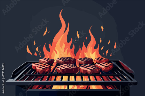 Grilled Steaks on Barbecue with Open Flames