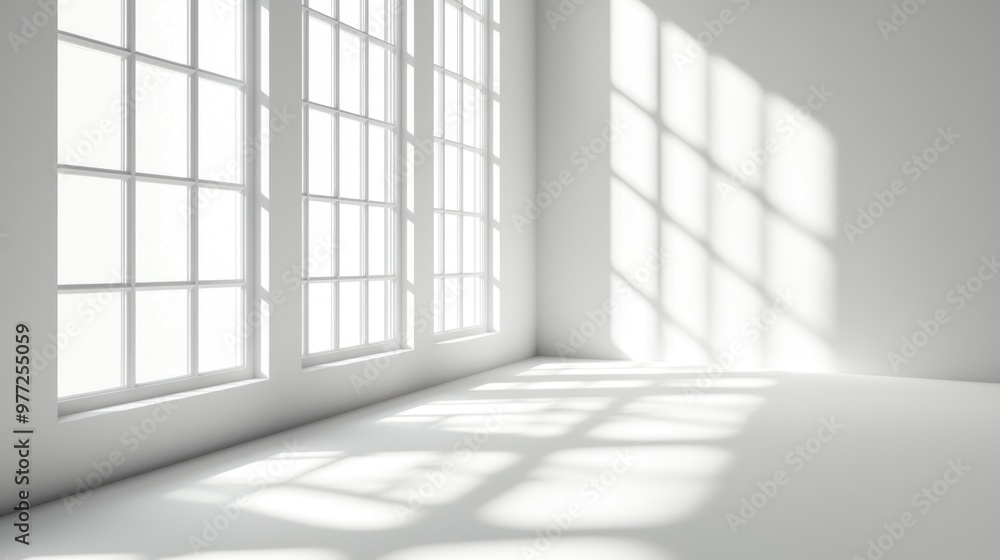 3D rendering of a bright white room with a window shadow and light from the left side. White wall background interior mockup for presentation, banner, or advertising design. Sunny day. 3D rendering of a bright white room with a window shadow and light from the left side. White wall background interior mockup for presentation, banner, or advertising design. Sunny day.