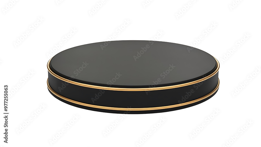 Empty Black round podium with golden outline isolated on transparent background, showcase stage for product advertisement Empty Black round podium with golden outline isolated on transparent background, showcase stage for product advertisement