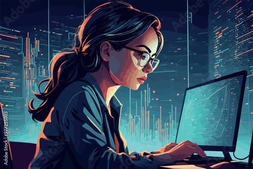 Focused Woman Analyzing Data on Computer Screen