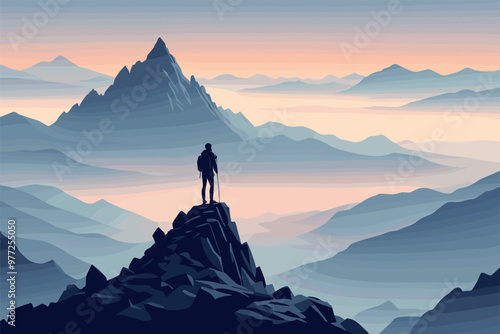 Hiker Admiring Scenic Sunrise from Mountain Peak