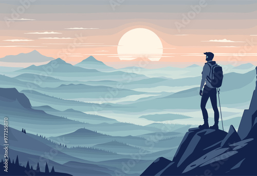 Hiker Admiring Scenic Sunrise from Mountain Peak