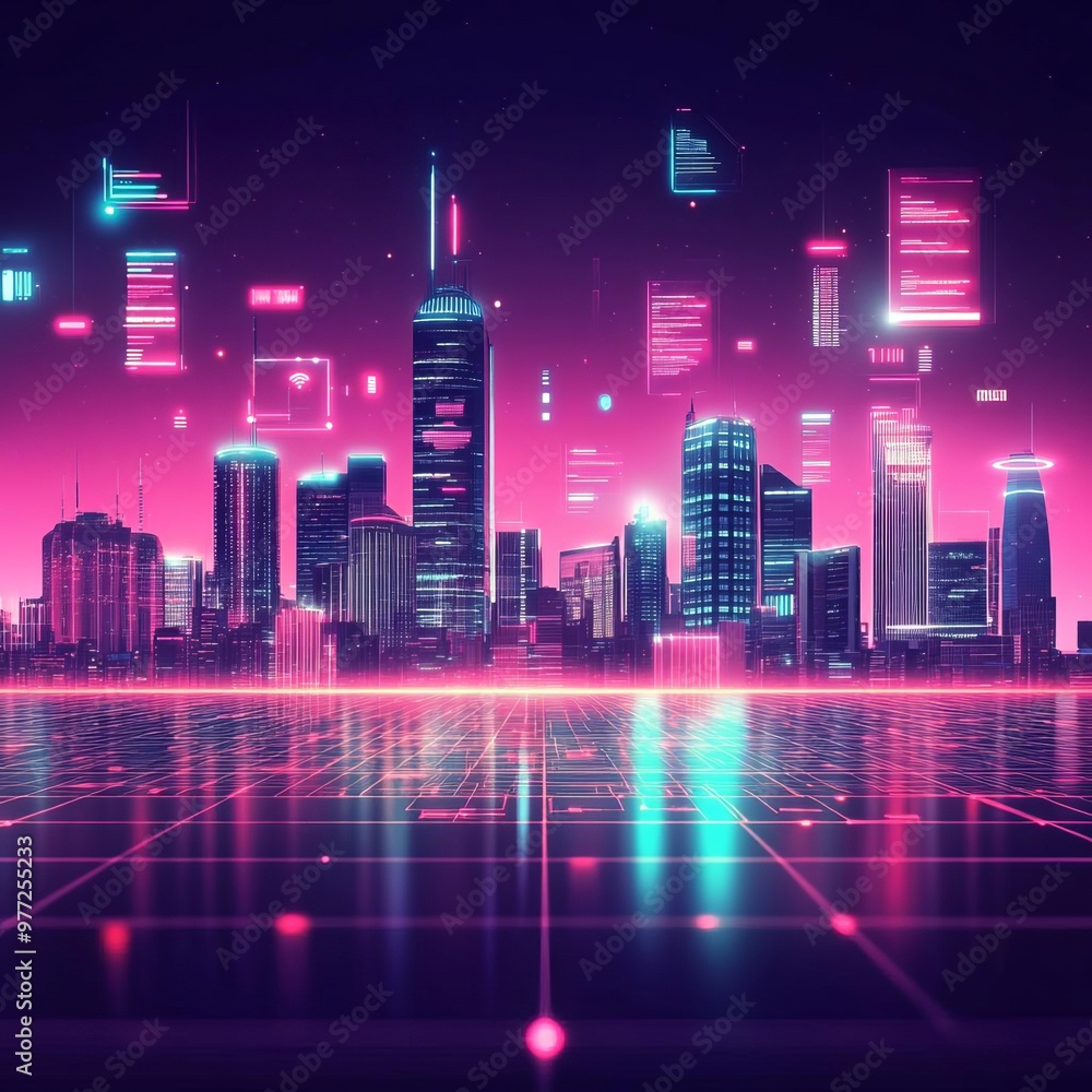 AI-driven smart city, neon grid patterns, floating data, futuristic skyline AI-driven smart city, neon grid patterns, floating data, futuristic skyline