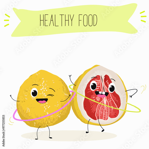 Funny fruity grapefruit characters. Comic elements, hand drawn style. Vector illustration for stickers, posters, prints. Funny fruits.