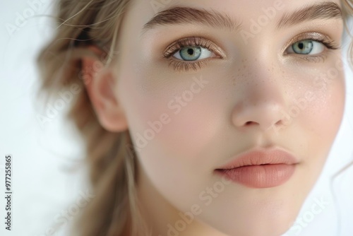 Close-up portrait of a woman with bright blue eyes