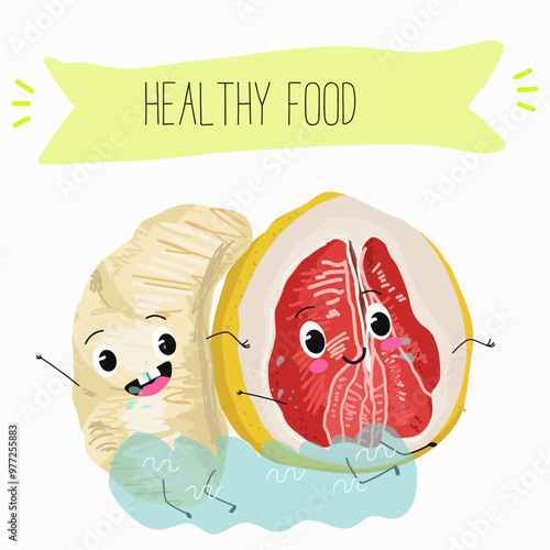 Pomelo fruit, tropical exotic citrus, vector isolated food icon, funny character. Pummelo or shaddock fruits , tropic farm juicy exotic fruits harvest, sweet fruity dessert. Hand drawn vector.