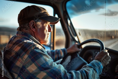 A person behind the wheel of a large vehicle moving along a road, suitable for illustrations about transportation and movement