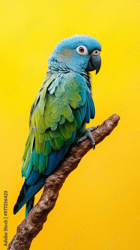Naklejka premium Blue headed parrot perched on branch with yellow background