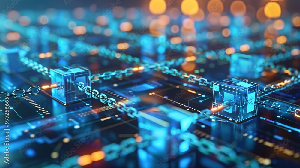 Digital blockchain chain on matrix background