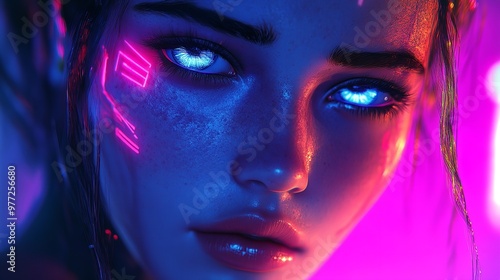 Futuristic Cyberpunk Female Hacker in Neon Lights - Close-Up Portrait for High-Tech Design