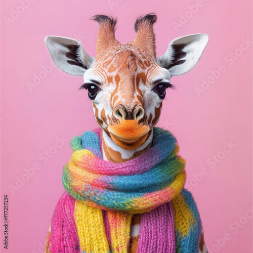 A baby giraffe with colorful spots and soft scarf stands against pink background, exuding playful and cheerful vibe. Its unique appearance and vibrant scarf create delightful scene photo