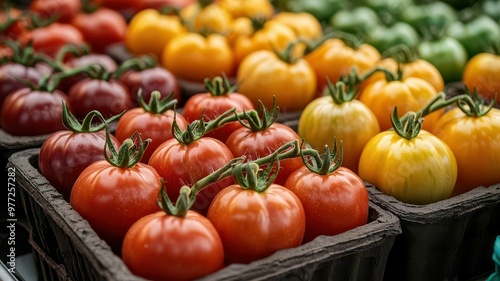 Vendor showcasing ripe tomatoes in different varieties, from heirloom to cherry, tomatoes, fresh vegetable market, juicy and colorful