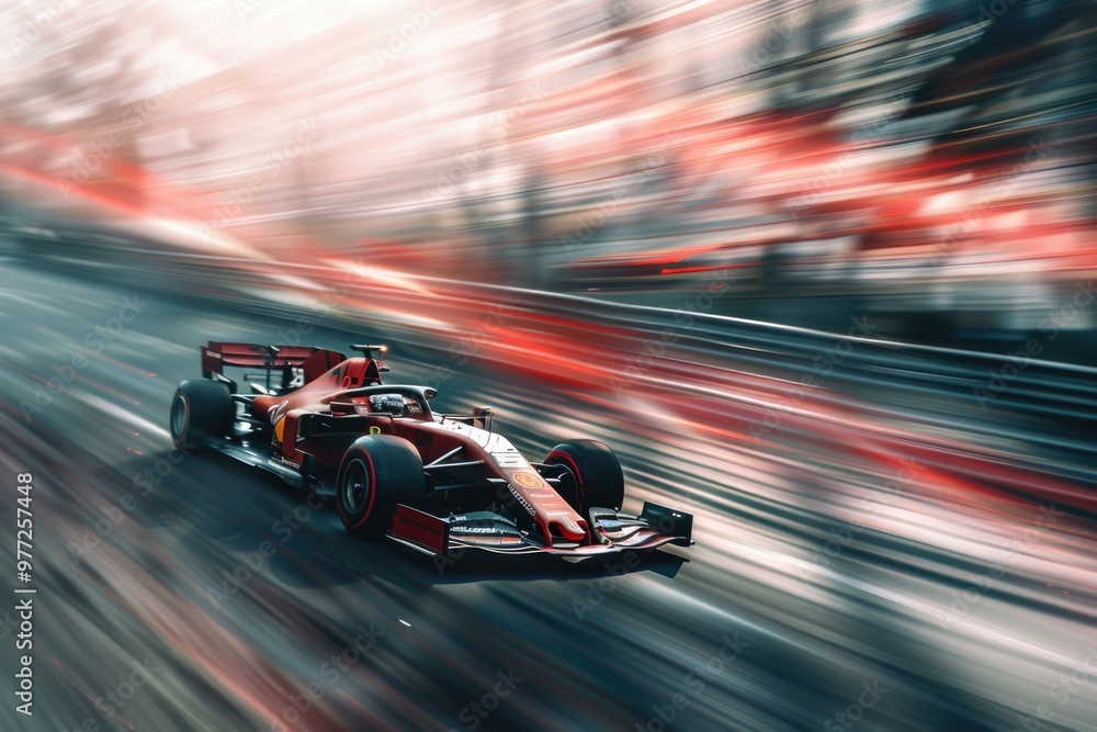 A high-speed racing car in motion, ideal for sports and competition themes A high-speed racing car in motion, ideal for sports and competition themes