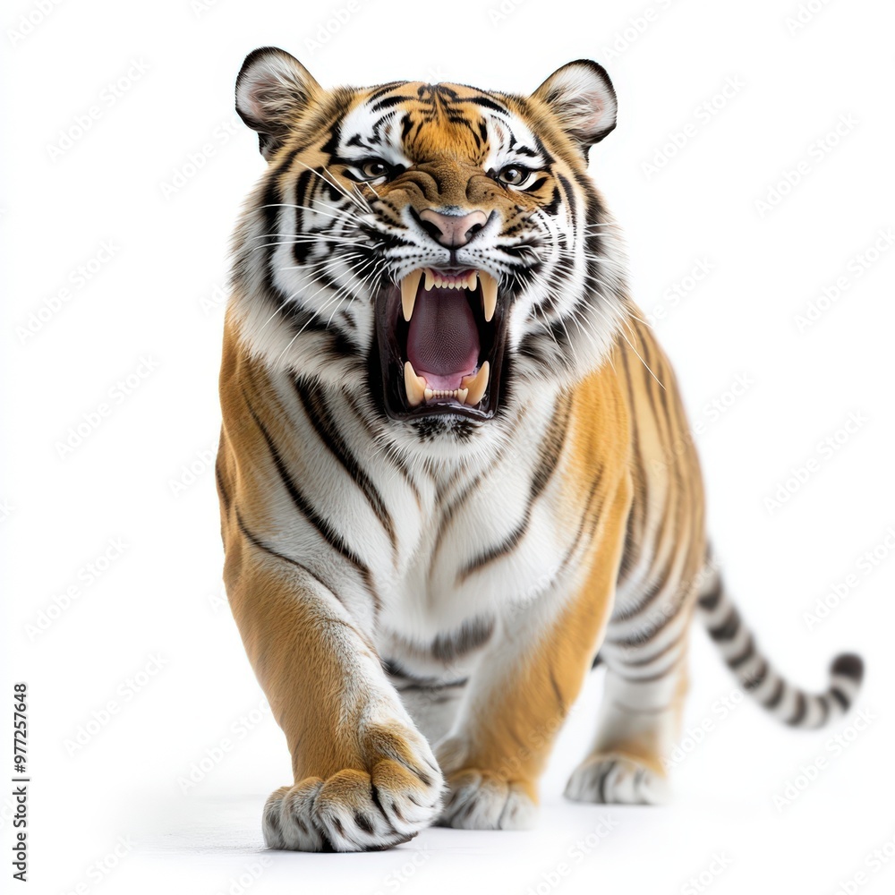 Fototapeta premium A fierce tiger on the prowl, showcasing its majestic features and powerful presence in a stunning display of nature's beauty.