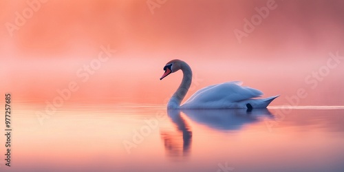 Fototapeta Naklejka Na Ścianę i Meble -  A serene photo of a swan gracefully swimming on a lake, its head and neck forming a perfect S-shape, symbolizing elegance.
