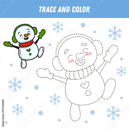 Trace line and color cute cartoon snowman. Handwriting practice. Educational worksheet for preschool kids. Activity page. Christmas coloring. Vector illustration