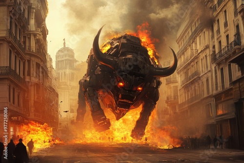 A flaming mechanical bull rampages through a city street. photo