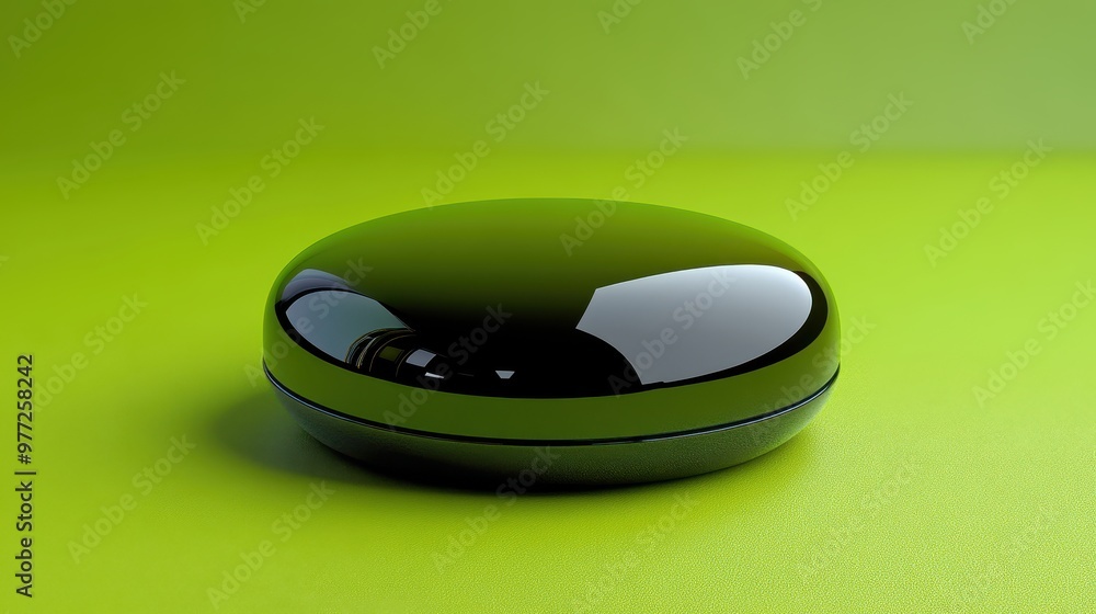 A circular stop button with a glossy finish on a bright green background A circular stop button with a glossy finish on a bright green background
