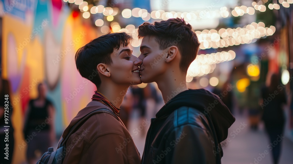A gay man kisses his non-binary friend at sunset on a vibrant promenade, radiating love and joy. A gay man kisses his non-binary friend at sunset on a vibrant promenade, radiating love and joy.