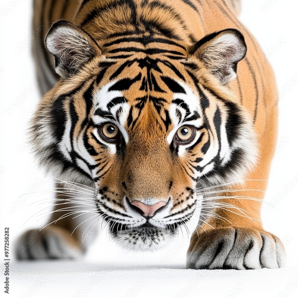 A majestic tiger prowling forward, showcasing its striking orange fur and detailed black stripes, embodying wild beauty and power. A majestic tiger prowling forward, showcasing its striking orange fur and detailed black stripes, embodying wild beauty and power.