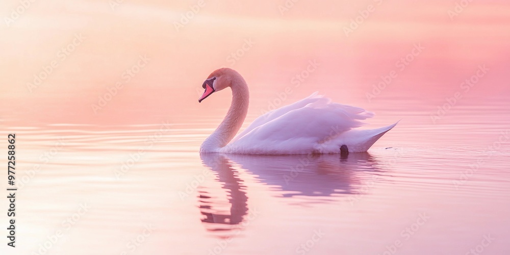 Fototapeta premium A serene photo of a swan gracefully swimming on a lake, its head and neck forming a perfect S-shape, symbolizing elegance. 