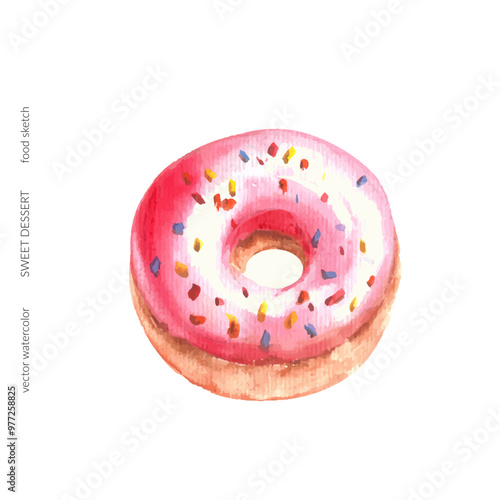 Hand drawn watercolor sweet dessert cake set. Pink donut, with glaze and sprinkles