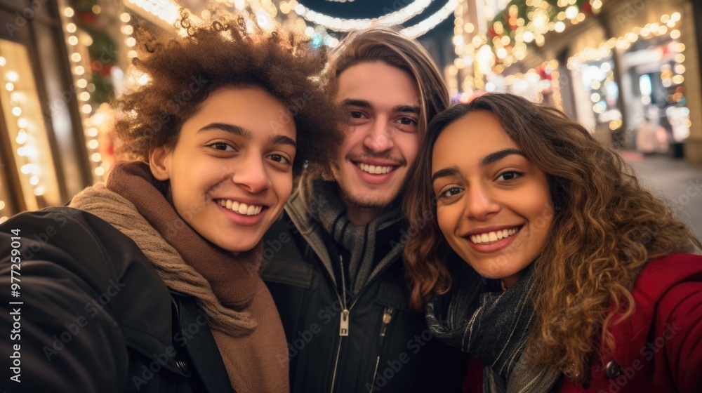 Group of friends celebrating christmas festival and posing for happy photo together. Fictional Characters Created By Generative AI. Group of friends celebrating christmas festival and posing for happy photo together. Fictional Characters Created By Generative AI.