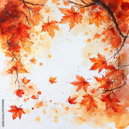 Watercolor Maple Leaves in Autumn Breeze on White Background