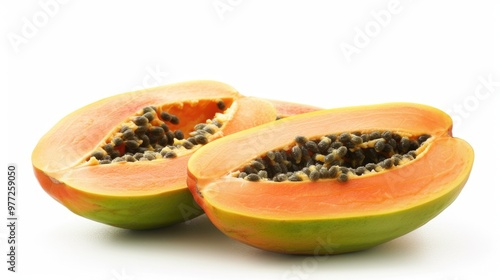 Fresh papaya cut in half on a white background, great for food or health illustrations