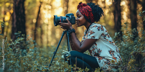 A woman photographer is captured in a forest, taking a picture with a camera. She is surrounded by green trees and lush foliage.