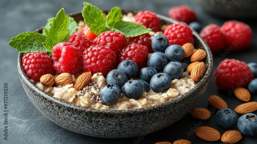 A cozy breakfast scene with oatmeal, nuts, seeds, and fresh fruits for healing and nourishment A cozy breakfast scene with oatmeal, nuts, seeds, and fresh fruits for healing and nourishment