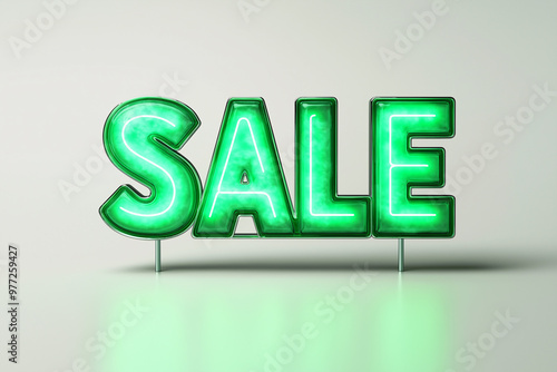 Bright green neon sign displaying word SALE in bold, eye catching font, perfect for attracting attention to promotions and discounts